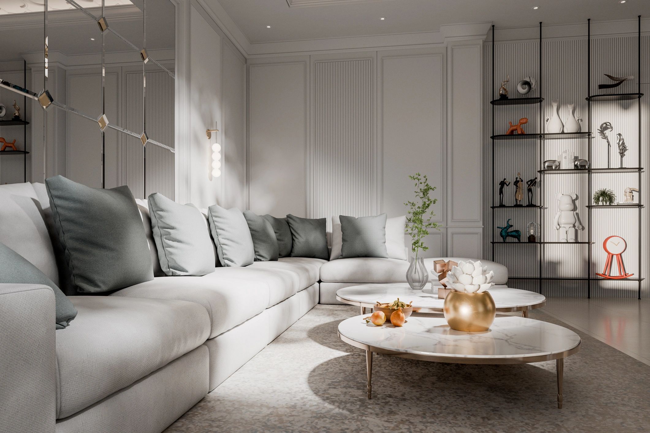 Clean, modern living room with wall-to-wall carpet