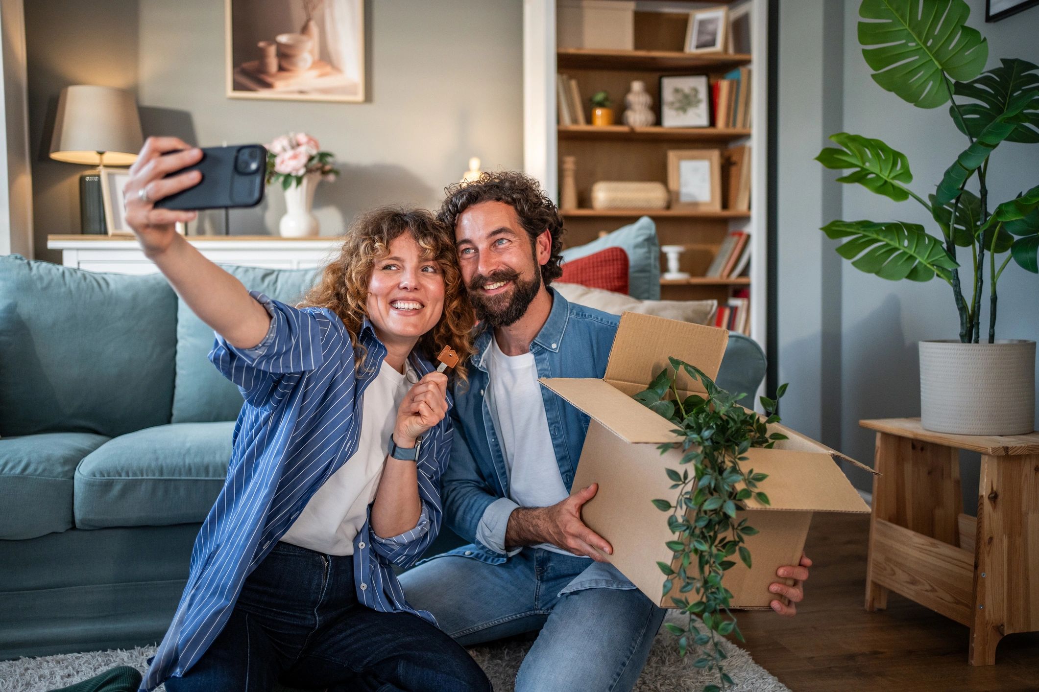 Happy couple holding keys, representing a satisfied customer